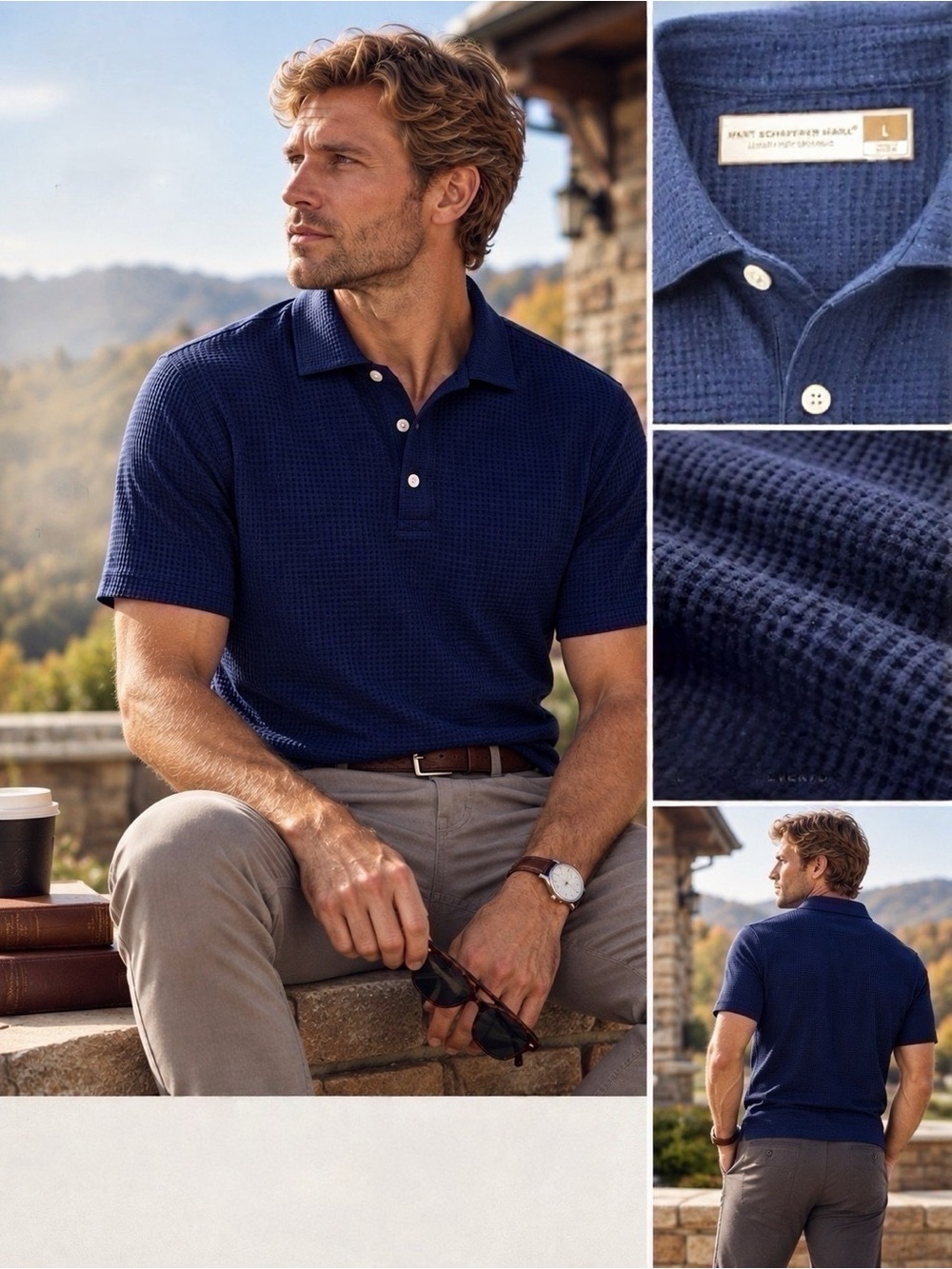 Hart Schaffner Marx Luxury Performance Polo L Navy Textured Stretch Golf